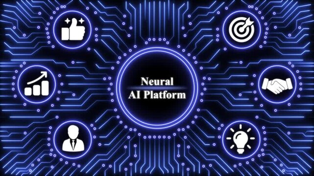 Neural ai platform concept with glowing blue circuit board lines and digital on a dark background for technology networking