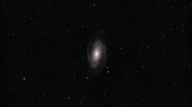 A wide-field astrophotography image showing the Bode's Galaxy, Messier 81, a spiral galaxy centered among a dense field of distant stars against black outer space.