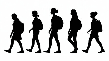 Obraz premium Group of silhouettes walking together carrying backpacks in sequence