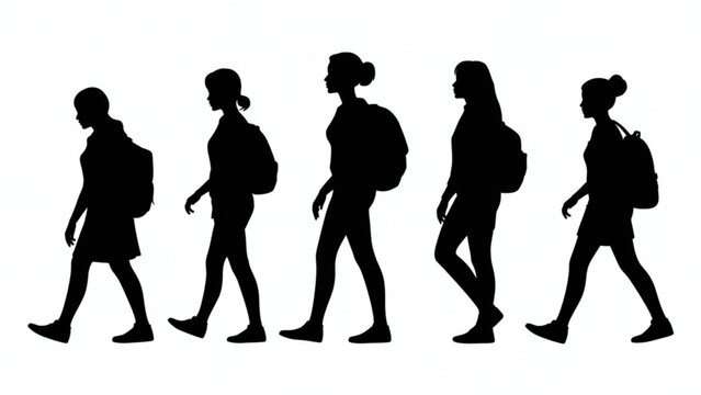 Group of silhouettes walking together carrying backpacks in sequence
