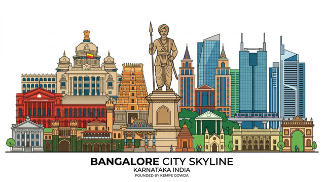 Bengaluru city skyline with Kempe Gowda and heritage architecture vector illustration