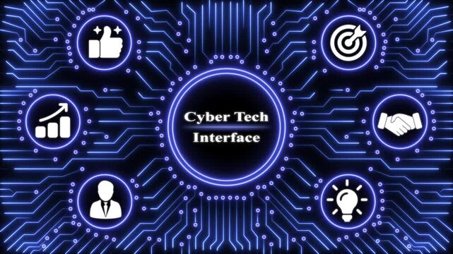 Cyber tech interface text with glowing blue circuit board patterns and business