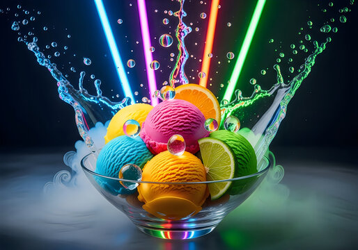 Vibrant ice cream bowl with neon lights and fresh fruit
