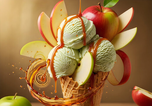 Delicious apple ice cream cone with caramel sauce