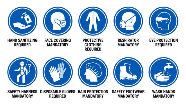 Workplace hygiene and mandatory safety sign icons isolated vector collection for industrial protection