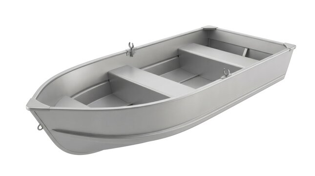 Silver Aluminum Rowboat Isolated on White Background With Two Bench Seats