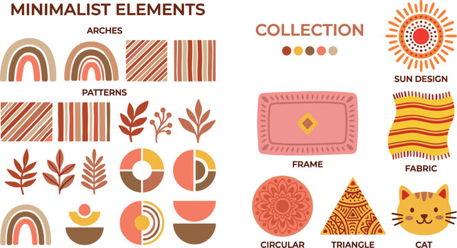 Boho Minimalist Graphic Elements Vector Collection with Rainbows Autumn Leaves Shapes Sun and Cute Cat for Trendy Aesthetic Poster and Apparel Textile Designs