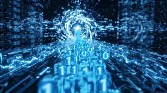 Digital data stream of binary code flowing through glowing circuit board