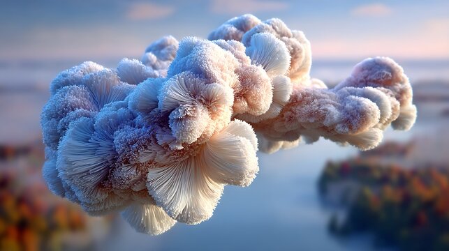 Abstract 3D particle cloud forming soft teddy bear shape in blue and white gradient sky background