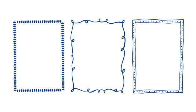 Whimsical mediterranean blue coastal vector frames. Hand Drawn borders for summer mediterranean invitation, holiday greetings and birthday card