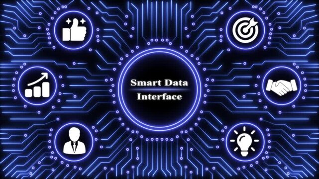 Smart data interface concept featuring glowing blue circuitry lines and digital on a dark background for technology presentations