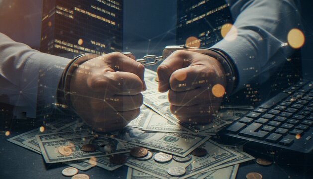 A business person in handcuffs rests their fists on a desk covered with US dollar bills and coins, symbolizing white-collar crime, financial fraud, and legal consequences in the digital age.