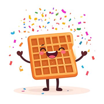 Happy waffle cartoon character celebration.
