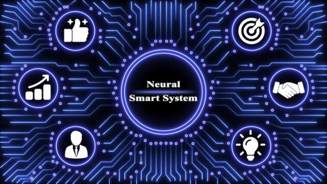 Neural smart system interface with glowing blue circuit board background