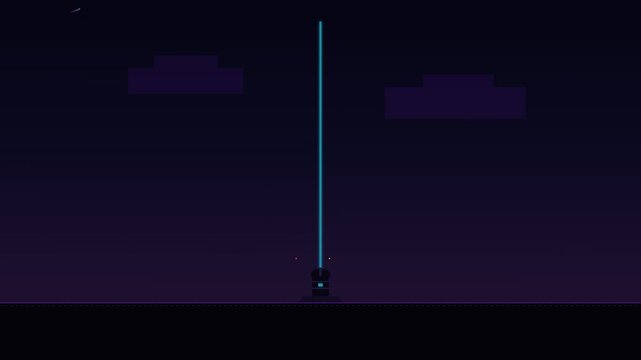 A tranquil, static pixel art night scene with a vibrant light beam piercing the dark sky, showcasing a minimalist digital nature landscape