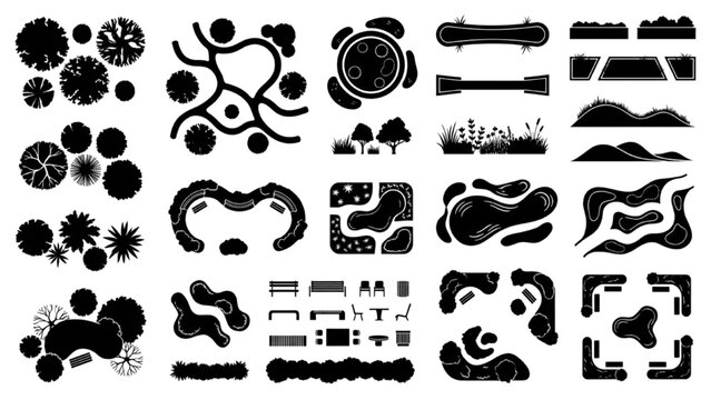 Organic Landscape CAD Symbol Set with Curved Pathways Water Features Trees and Park Components