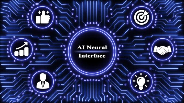 Ai neural interface concept with glowing blue digital circuit board background and