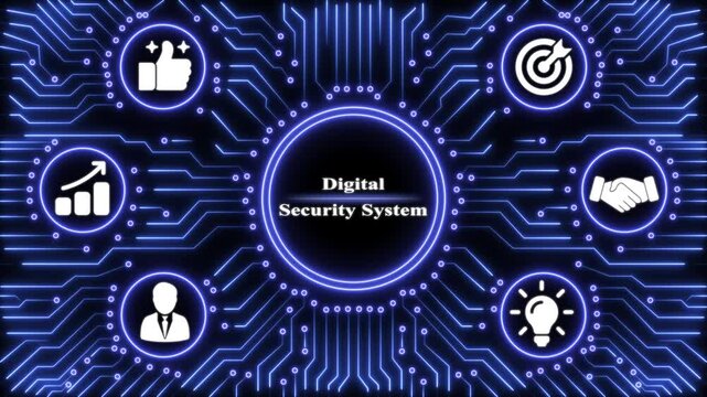 Digital security system concept with glowing blue circuitry background and business