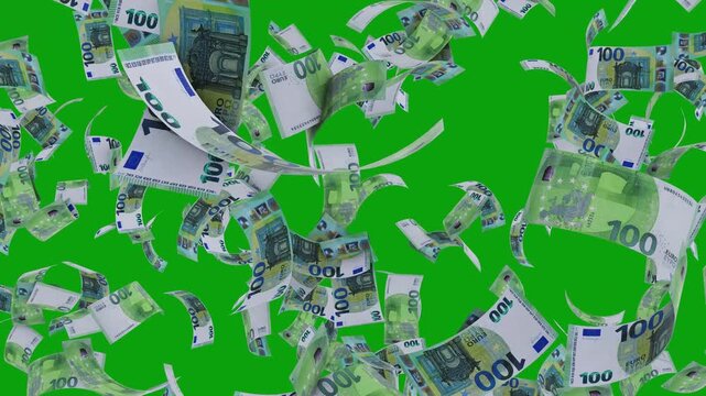 Lots of euro banknotes. 4k looped video. Smoothly moving euros banknotes. 100 Euros Money flying around Animation. European Euro Bill Falling Money Green Screen Animation &mdash; Cash Rain Effect Video