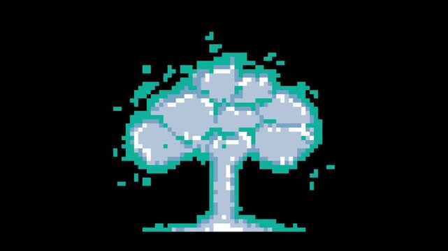 Retro pixel art blue flame mushroom explosion animation with fiery atomic blast effect. Ideal for 2D games, arcade shooters, indie game projects, and retro style VFX assets.