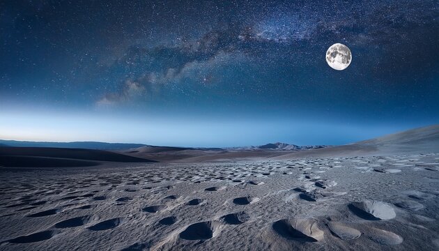 Lunar Surface Moon Landscape Starry Sky Footprints Cratered Terrain Regolith Night Scene Low