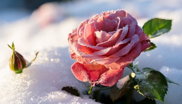 Roses Growing In The Snow With Dew