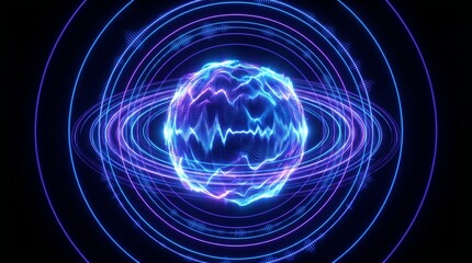 Obraz premium Vibrant neon blue and purple glowing sphere surrounded by concentric circles on dark background for futuristic technology and innovation concepts
