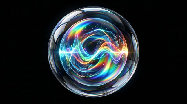 Vibrant iridescent glass sphere with swirling rainbow colors and light trails on a black background for futuristic technology and design concepts