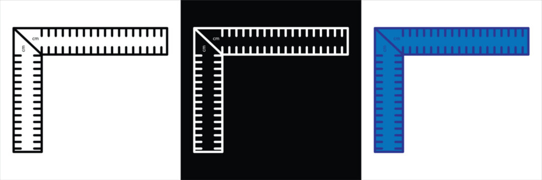 L-square ruler icon set isolated on white and black background