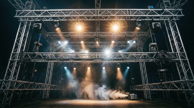Illuminated Stage Structure with Lighting Equipment and Fog Effects.