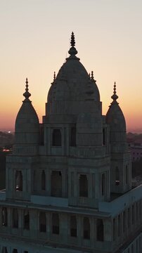 Aerial Drone Shot of Prem Mandir and Pagal Baba Temple at Sunrise, Vrindavan, Mathura, India
