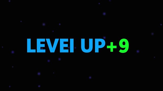 Level up pixel 9 displayed in pixelated text over a blck. Retro pixelated "Level Up" text glows with achievement, inspiring progress and victory. Motion graphics of gaming concept.
