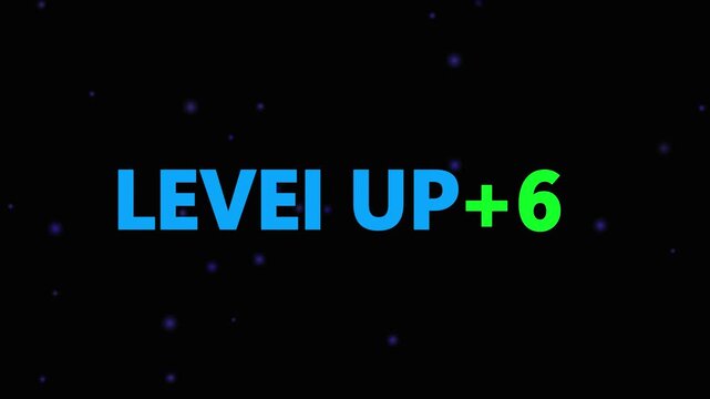 Level up pixel 6 displayed in pixelated text over a blck. Retro pixelated "Level Up" text glows with achievement, inspiring progress and victory. Motion graphics of gaming concept.