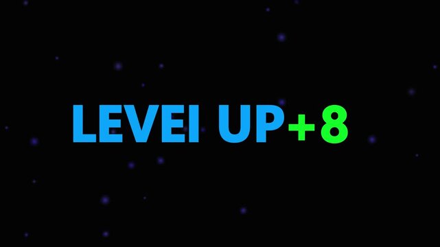 Level up pixel 8 displayed in pixelated text over a blck. Retro pixelated "Level Up" text glows with achievement, inspiring progress and victory. Motion graphics of gaming concept.