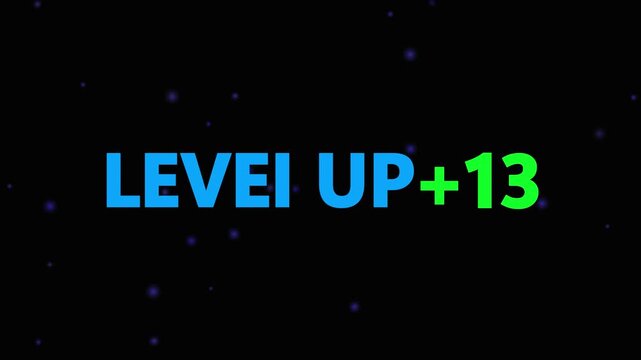 Level up pixel 13 displayed in pixelated text over a blck. Retro pixelated "Level Up" text glows with achievement, inspiring progress and victory. Motion graphics of gaming concept.