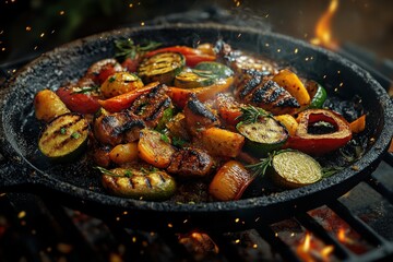 Fototapeta premium Grilled vegetables and meats sizzle on a cast iron skillet, creating a delightful smoky atmosphere.