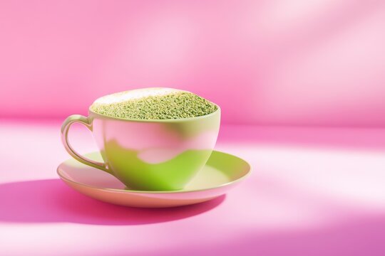 A vibrant green matcha latte overflowing from a pastel cup against a bright pink background, creating a lively mood.