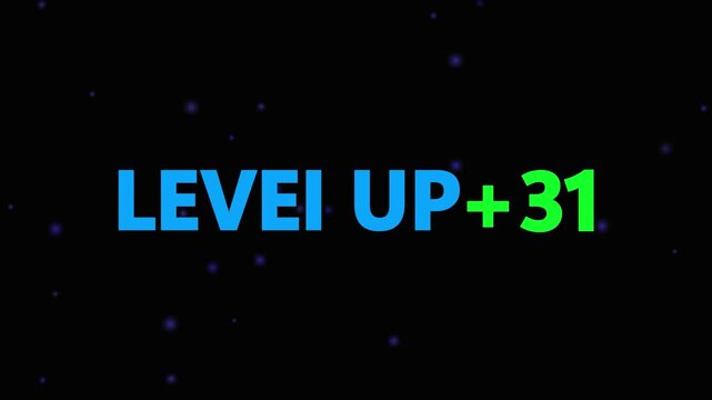 Level up pixel 31 displayed in pixelated text over a blck. Retro pixelated "Level Up" text glows with achievement, inspiring progress and victory. Motion graphics of gaming concept.