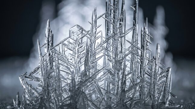 Intricate Ice Crystal Formation with Vaporous Background and Geometric Structures.