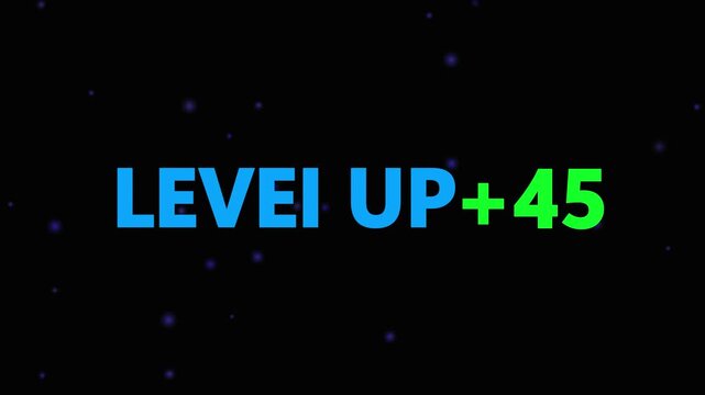 Level up pixel 45 displayed in pixelated text over a blck. Retro pixelated "Level Up" text glows with achievement, inspiring progress and victory. Motion graphics of gaming concept.
