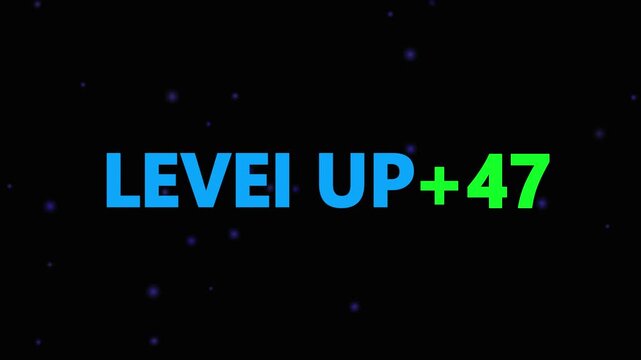 Level up pixel 47 displayed in pixelated text over a blck. Retro pixelated "Level Up" text glows with achievement, inspiring progress and victory. Motion graphics of gaming concept.