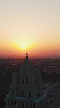 Aerial Drone Shot of Prem Mandir and Pagal Baba Temple at Sunrise, Vrindavan, Mathura, India

