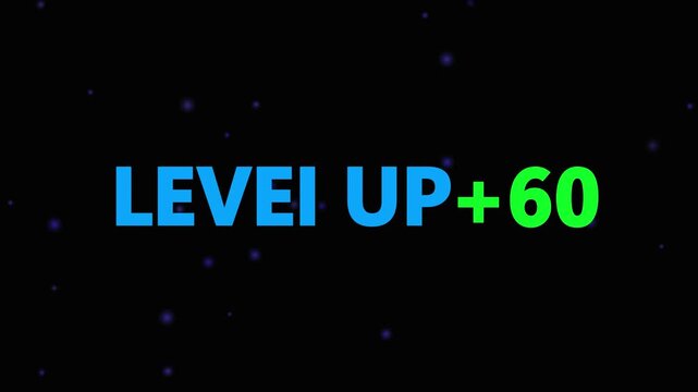 Level up pixel 60 displayed in pixelated text over a blck. Retro pixelated "Level Up" text glows with achievement, inspiring progress and victory. Motion graphics of gaming concept.