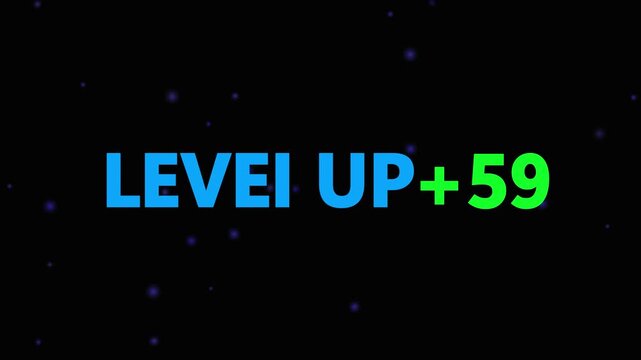 Level up pixel 59 displayed in pixelated text over a blck. Retro pixelated "Level Up" text glows with achievement, inspiring progress and victory. Motion graphics of gaming concept.