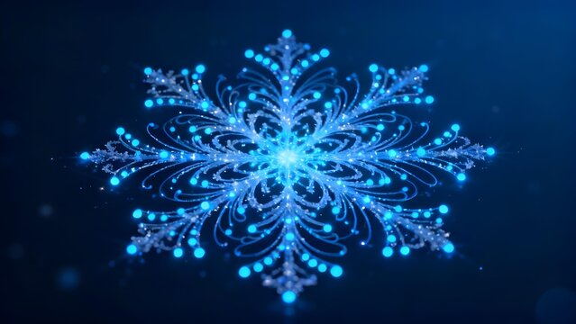 A glowing blue snowflake with intricate crystalline patterns against a dark background