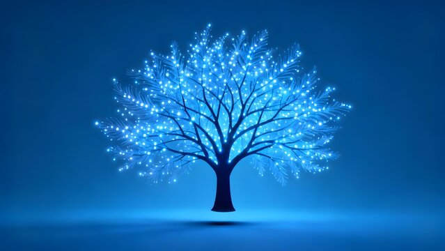 A glowing blue tree with luminous branches against a dark blue background