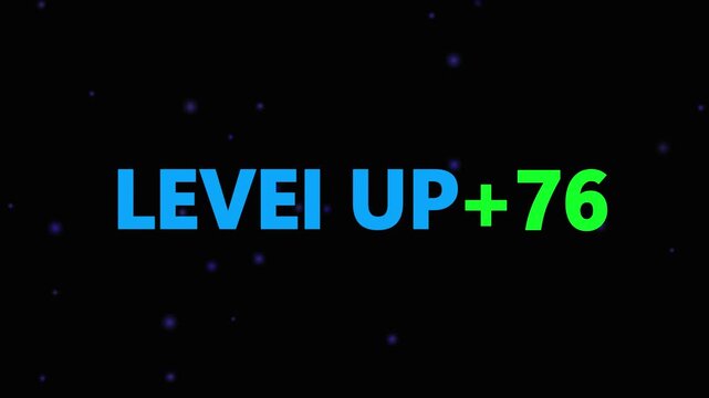 Level up pixel 76 displayed in pixelated text over a blck. Retro pixelated "Level Up" text glows with achievement, inspiring progress and victory. Motion graphics of gaming concept.