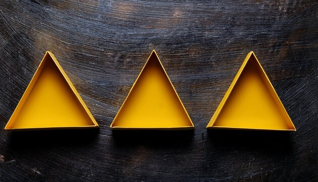 Three Hollow Yellow Triangles Stand Geometrically Aligned On A Textured Dark Surface