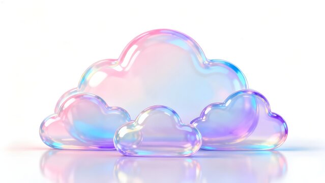 Transparent iridescent cloud shapes with rainbow reflections on a white background