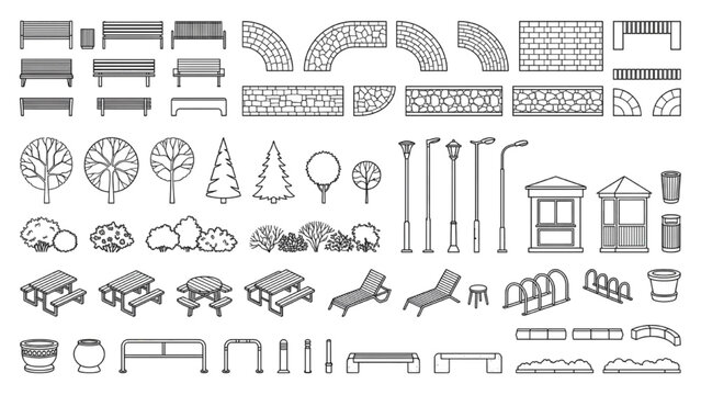 Urban furniture and landscape design elements collection for architecture